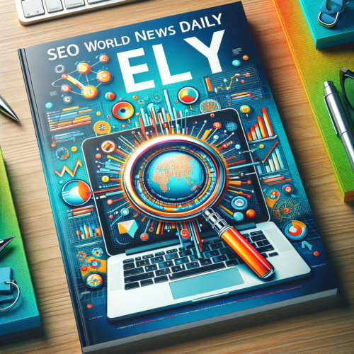 Magazine cover titled 'SEO World News Daily' with vibrant digital marketing symbols, including a magnifying glass, growth graphs, and a laptop with search results.