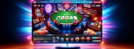 An online poker interface showcasing a poker table with cards, chips, and player avatars, highlighting popular games like Texas Hold'em and Omaha.