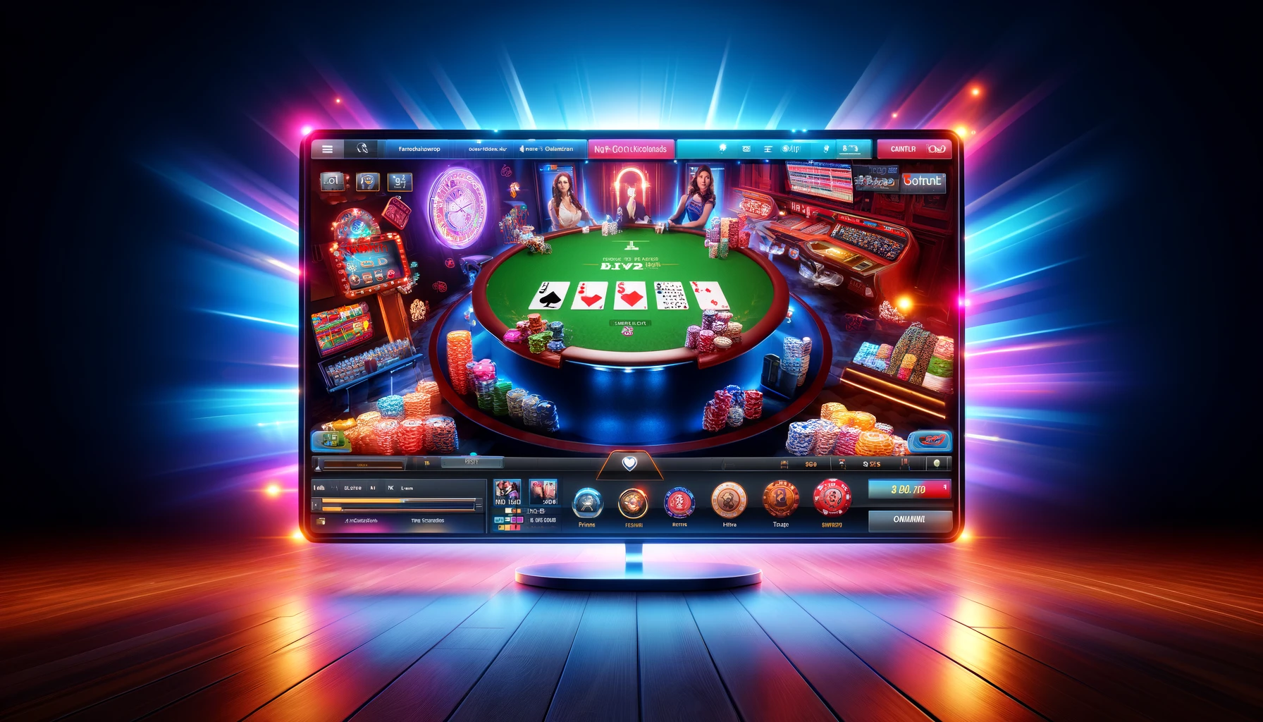 An online poker interface showcasing a poker table with cards, chips, and player avatars, highlighting popular games like Texas Hold'em and Omaha.
